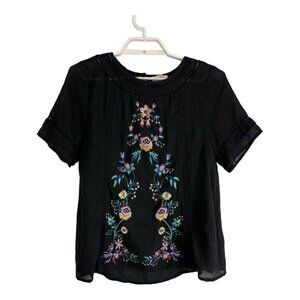 Umgee Womens Shirt  Size Small Black Embroider Floral Short Sleeve Boho Lace